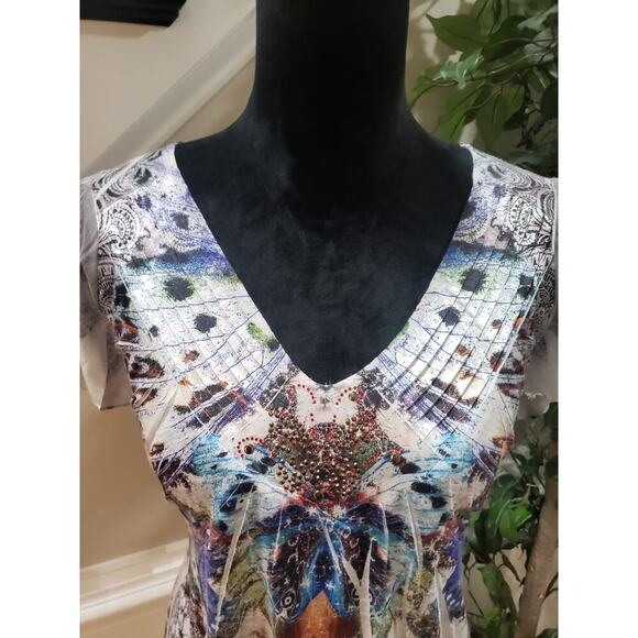 One World Live And Let Live Blouse Top Women Medium Multi Beaded Butterfly Print - Picture 11 of 14